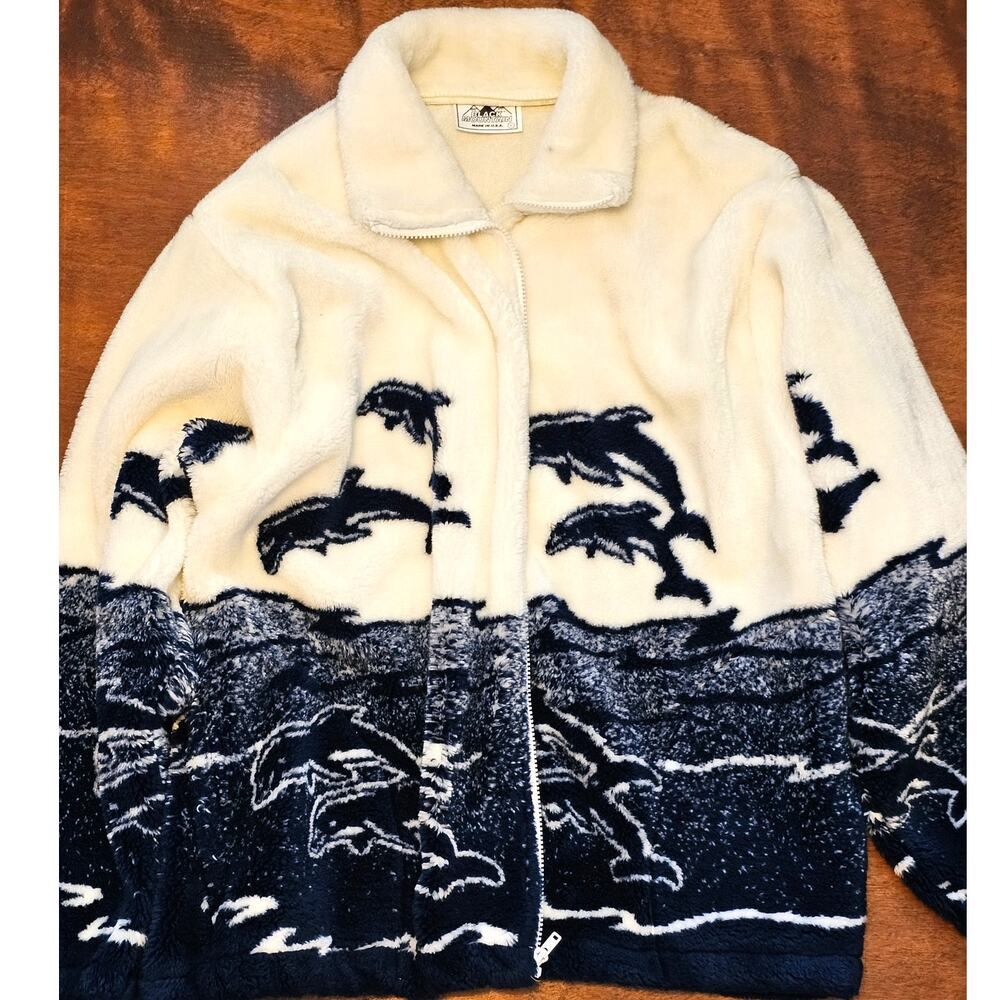 Vtg 90s Black Mountain Outdoor Fleece Jacket Sherpa Dolphin Blue + White